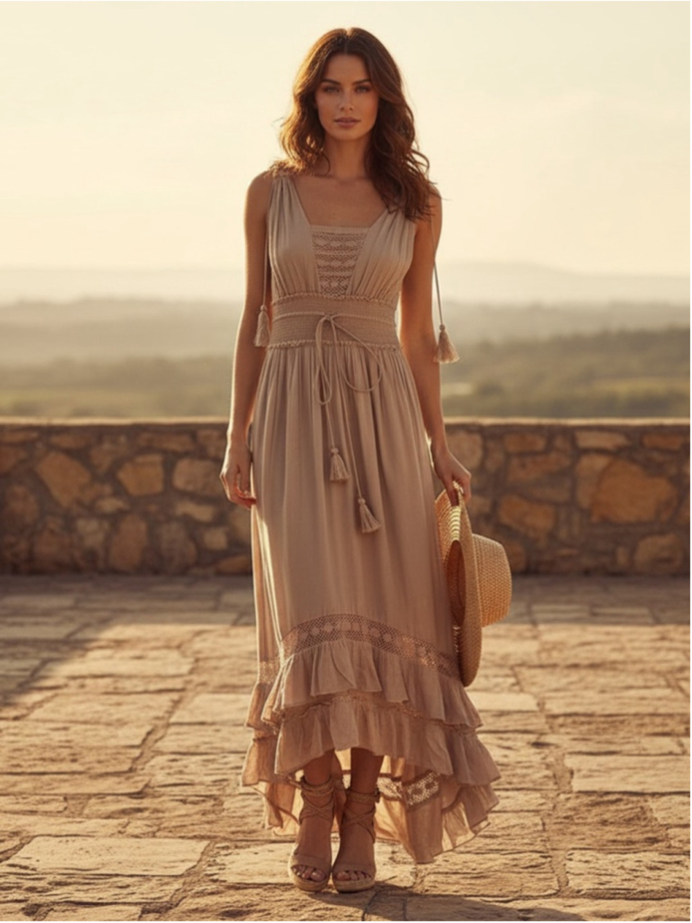 Venus Women’s Beige Tassel Ruffle Lace Smocked Waist Boho Maxi Dress Size Large